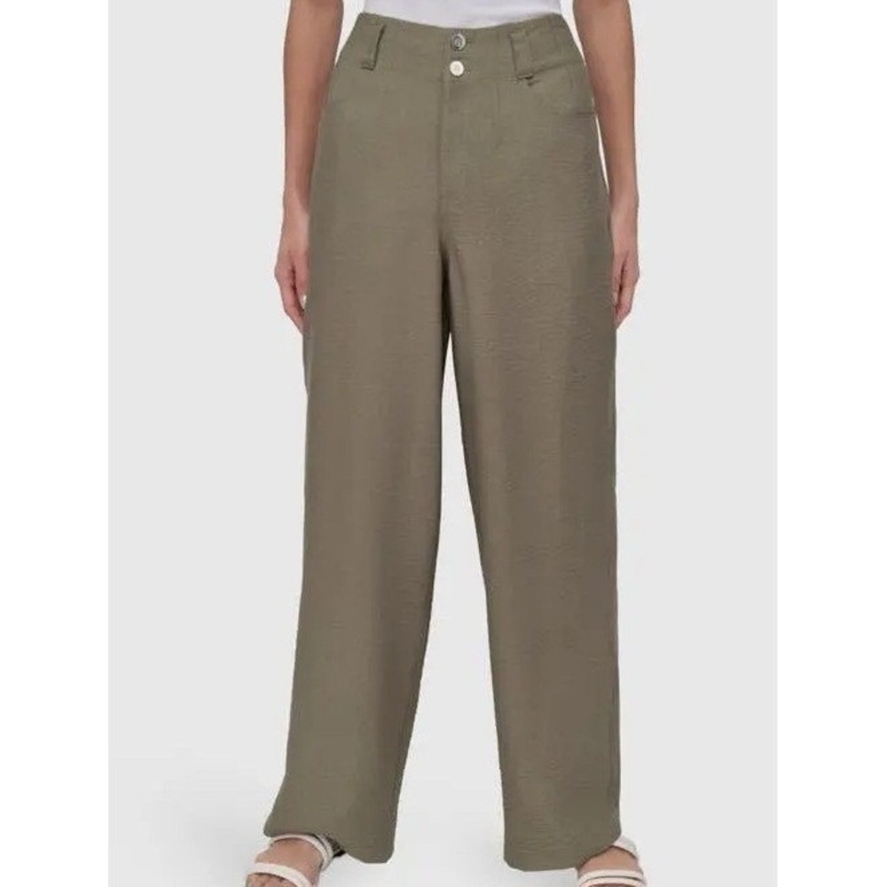 DKNY Crinkle Wide Leg Baggy Utility Green Button Pants Belt Loop Womens 10 NWT